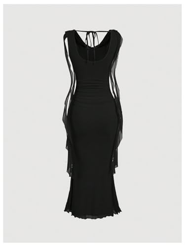 Image of GORGLITTER Women's Mesh Bodycon Fishtail Dress Ruched Sleeveless Ruffle Cowl Neck Summer Graduation Midi Sun Dresses