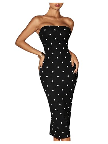 WDIRARA Women's Polka Dots Strapless Tube Dress Cocktail Party Bodycon Midi Dresses