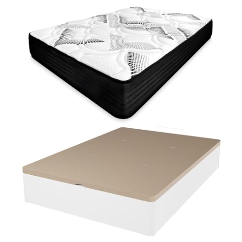 amuéblate online - Pack Colchón Viscoelástico Híbrido Visco Box con Núcleo de Muelles Ensacados + Canapé Madera Reforzado Gran Capacidad | Color Blanco 90 x 190