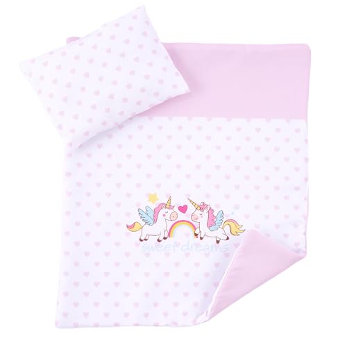 BABESIDE 2 Pcs Baby Doll Bedding Set for 12-15 Inch Dolls Pink Baby Doll Blanket and Pillow Set with Cute Animal & Heart Patterns for Realistic Babydoll Accessories
