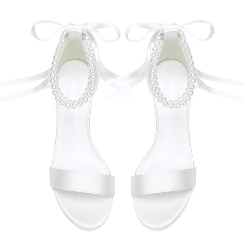 Women's Low Block Chunky Heels Sandals Open Toe Pearls Wedding Heels for Bride Heeled Party Dress Pump Shoes4