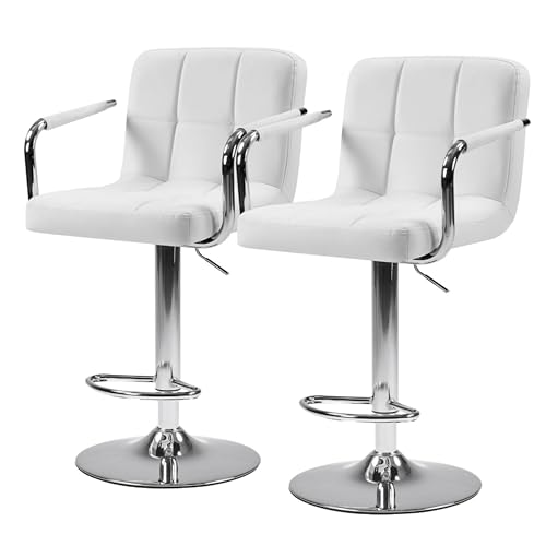Image of HealSmart Bar Stools Set of 2, Adjustable Swivel Bar Chairs with Cushioned Armrests & Ergonomic Backrest, Water-Resistant PU Leather for Kitchen Island Counter Pub Dining Room, White