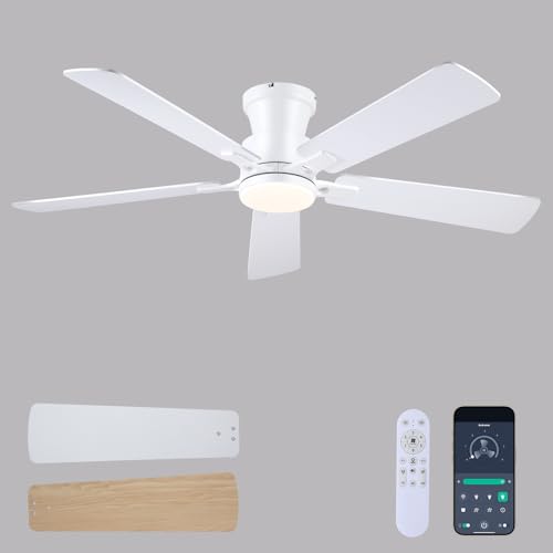 Image of JSAITEE 52 inch Flush Mount Ceiling Fans with Lights Low Profile White | Modern Fans DC Reversible Motor, 3CCT Dimmable, 6 Speeds Fan Light for Indoor Bedroom, Kitchen, White