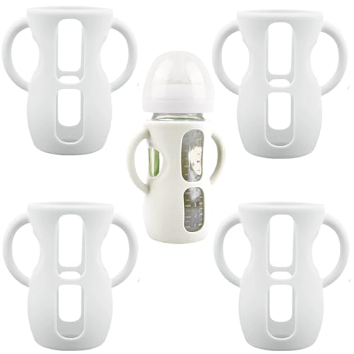 Image of Frezonika 4 Pack Silicone Sleeves for Avent Natural Glass Baby Bottles, Silicone and Easy-Grip Handles for Drop Protection, Compatible with Philips Avent 4/8 OZ Glass Bottle (Milk White, 8 OZ)