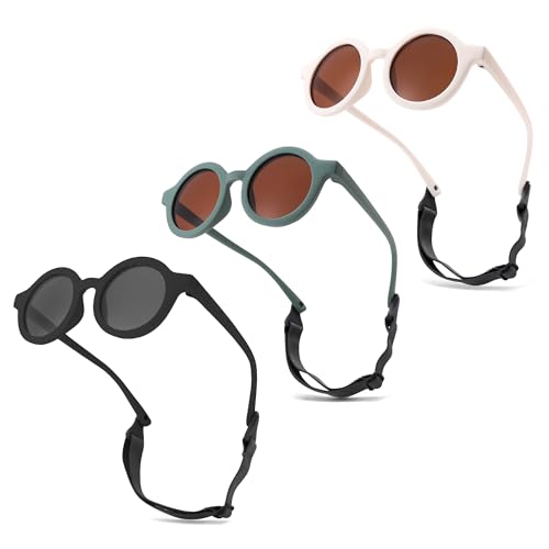 LIU·WEN Cute Round Baby Sunglasses Polarized 3 Pack - Flexible Frame with Strap for Toddler Newborn Infant 0-24 Months