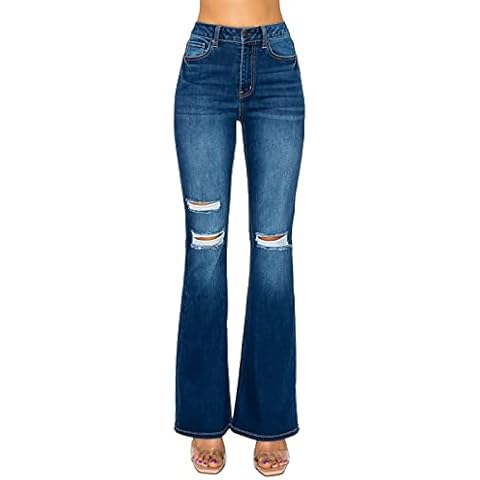 WAX JEAN Women's Destructed Flare Jeans in Sustainable Denim, Dark, 11 Cover