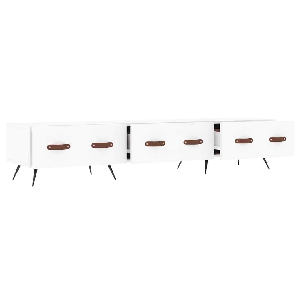 Szafka pod telewizor biała 150 x 36 x 30 cm, wytrzymały materiał drewnopochodny, 3 szuflady, żelazne nogi, stylowe meble multimedialne do salonu i sypialni, odporna na wilgoć