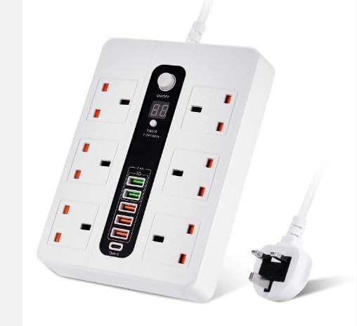 6 Universal Sockets with 5 USB Port, Sockets Smart Electric Universal Extension Board Multi Plug with 2500W Travel Adapter with Type C, Extension Boards Desktop Charging Station