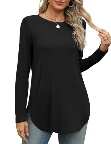XIEERDUO Womens Long Sleeve Round Neck Shirts Side Split Basic Loose Tunic Tops Casual 20252
