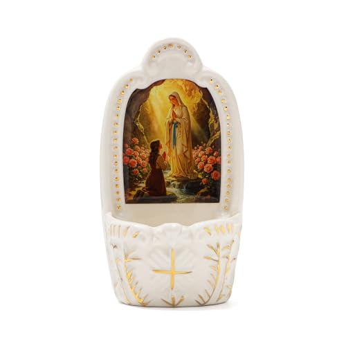 Image of KOMI Porcelain Our Lady of Lourdes Catholic Holy Water Font for Entrance of Home Church Wall Hanging Decor Religious Gift Blessed Mother Mary Holy Water Holder