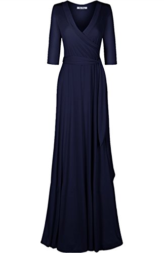 Image of Women's 3 /4 Sleeve Deep V-Neck Maxi Faux Wrap Solid Plus Size Dress