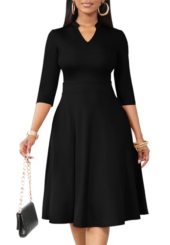 FANDEE Womens Casual Dress Semi Formal Fit and Flare 3/4 Sleeve A-line Funeral Church Tea Dresses V Neck