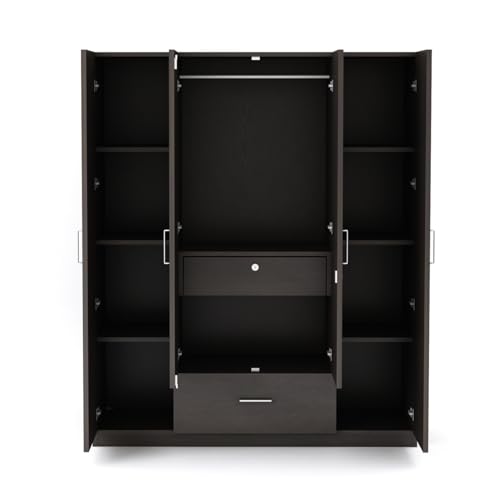 Image of DesignFit Engineered Wood 4-Door Wardrobe for Bedroom | Wooden Almirah with 1 Hanging Rod, 2 Drawers & 8 Shelves | Clothes Cupboard Storage Cabinet Furniture (Wenge Finish)