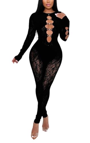 Black Lace Jumpsuits for Women Sexy, Long Sleeve, Cutout Design, Bodycon Fit (Black, L)