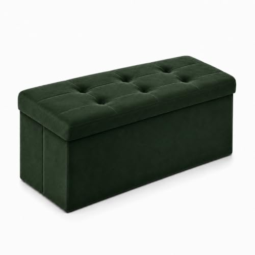 Image of ALASDO 30 Inch Folding Storage Ottoman Bench with Hidden Storage, Velvet Storage Ottoman Foot Rest Stool, End of Bed Bench for Bedroom, Living Room, Entryway and Closet, Dark Green