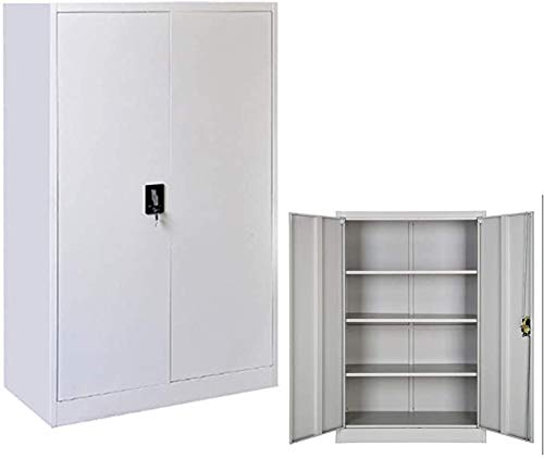 Panana Metal Office Filing Cabinet Tall Storage Cupboard Document Compartments Lockable Double Doors Adjustable Shelves (White, 4 Tier)
