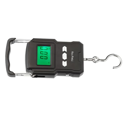 UKCOCO Báscula de Mano Portátil para Equipaje y Pesca 75 Kg/10 G Pantalla LCD Digital Cuerpo ABS Ligero y Empuñadura de Acero Segura Báscula Colgante Negra para Viajes y Uso Práctico