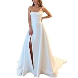 DKZQQ Simple Wedding Dresses for Bride Ivory Satin Long Off Shoulder Cowl Neck Prom Dresses with Spl