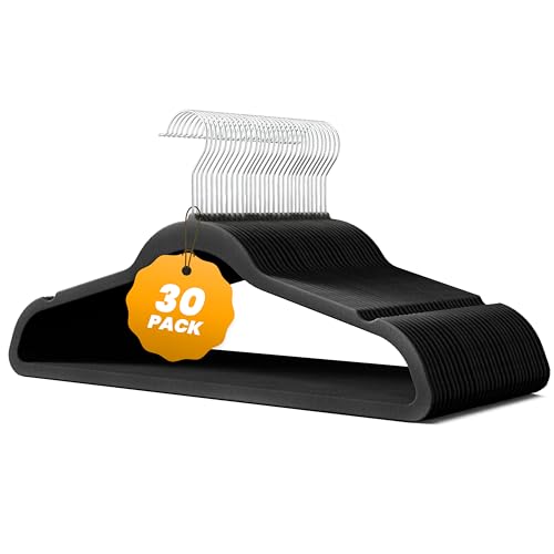 HealSmart 30 Pack Velvet Hangers, Non-Slip Flocked Felt Hangers with Shoulder Notches, Heavy Duty Clothes Hangers for Coats, Pants and Dress Clothes, Black