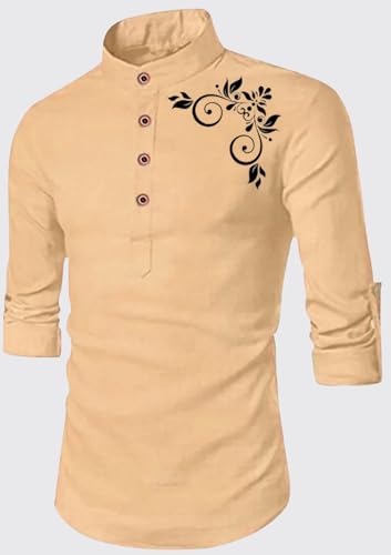 Image of DEELMO Men's Full Sleeve Short Kurta Shirt with a Trendy Mandarin Collar Crafted from a Premium Cotton Blend for Comfort Ideal for Casual and Semi-Formal Occasions