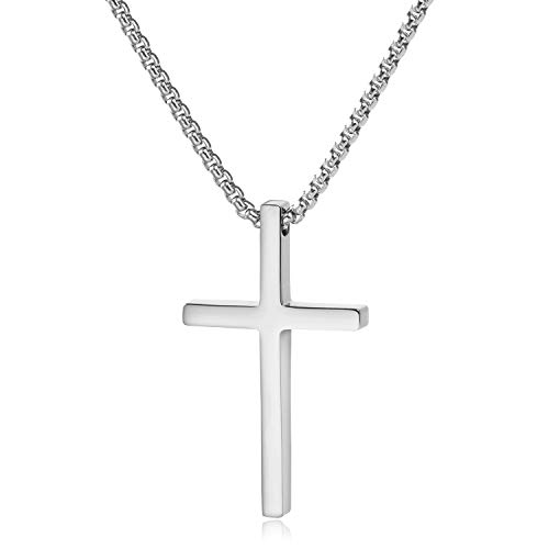 XINHUIDALSQ Stainless Steel Cross Necklace, Silver Gold Black Stainless Steel Cross Pendant Necklace, 16-30 inch Men's Necklace (24, Silver: Cross Pendant 1.96