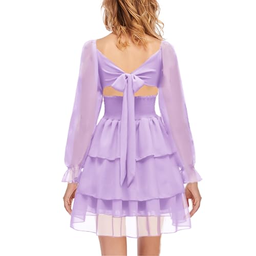 OBBUE Women's Summer Dress Tie Back Square Neck Aline Long Sleeve Layered Swing Mini Dresses2