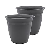 The HC Companies 20 Inch Eclipse Round Planter Pots with Drainage Holes & Attached Saucer, Lightweight UV-Resistant Plastic Indoor & Outdoor Planters, 2-Pack Flower Pots, Garden Home Decor, Warm Gray