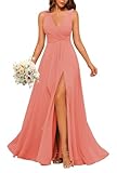 HPPEE Coral Bridesmaid Dresses for Women with Slit A Line V Neck Formal Wedding Guest Evening Dress UK18