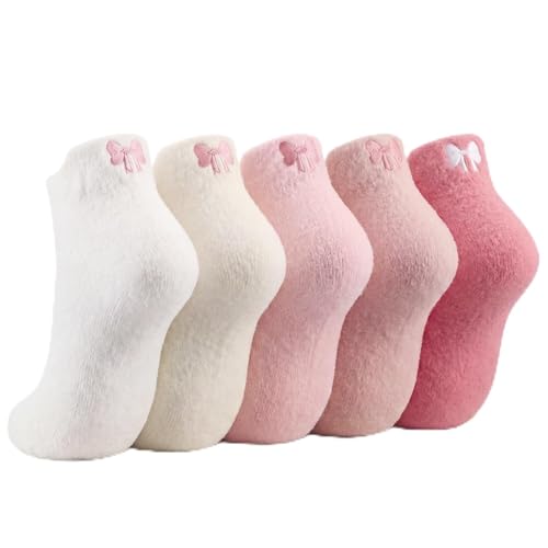 Image of Skicuff 5 Pair Women Bow Fuzzy Socks Coquette Cozy Fluffy Ankle Slipper Socks for Women Girls Gifts