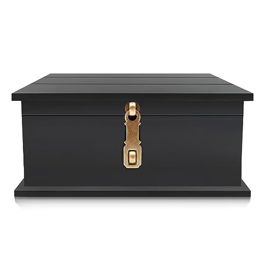 Prodigen Antique Style Wood Storage Box with Lid, Large Wooden Box with Hinged Lid, Keepsake Box with Metal Latch, Decorative box for Home or Office-Black
