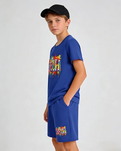 Image of Cakaner Tween Boys Summer Clothes 2 Piece Short Sleeve Graphic T-Shirt and Shorts Casual Outfit Set Size 7-14