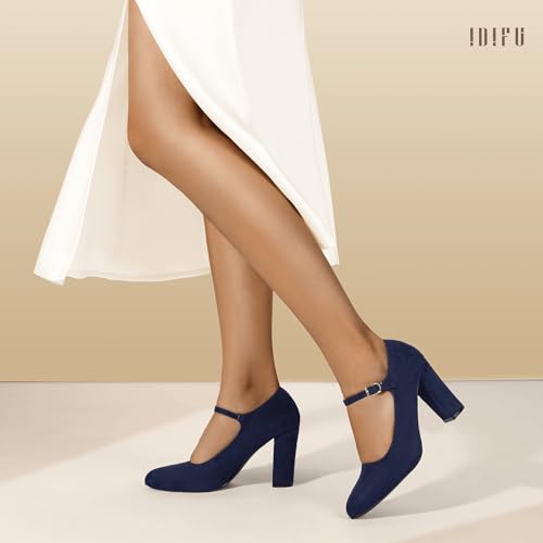 IDIFU IN4 Women's Pumps Mary Jane Dress Shoes for Women Closed Toe High Chunky Block Heels Dressy Wedding Bride Prom Graduation Business Heels Comfortable Formal Vintage Round Toe Pumps Shoes3