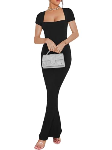 Image of oten Womens Sexy Short Sleeve Square Neck Lounge Long Dress Elegant Ribbed Knit Maxi Bodycon Dresses