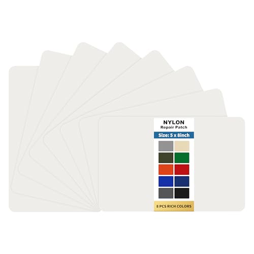 KING MOUNTAIN Self Adhesive Nylon Fabric Repair Patch, 5×8 Inches 8 Pcs, Quick Down Jacket Repair Patch, Waterproof Outdoor Gear Patch Kit for Tent,Backpacks,Umbrella, Gloves, Sleeping Bag (White)
