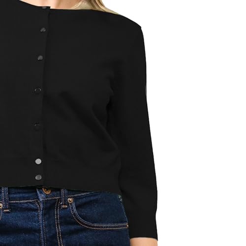 Image of Women's Cropped Cardigan 3 /4 Sleeve Crewneck Button Up Sweater Knit Top (S~XL)