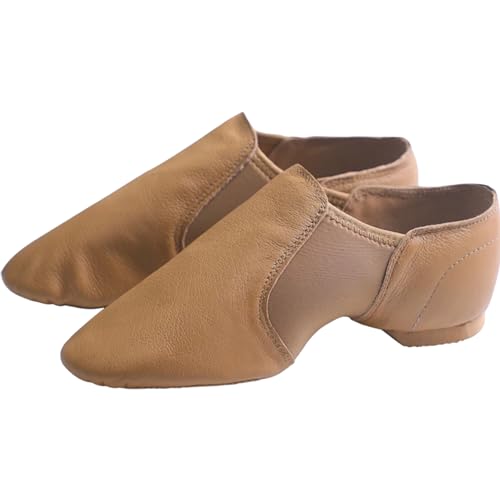 TW Leather Upper Slip on Jazz Shoe for Girls. (Tan, US Footwear Size System, Big Kid, Women, Numeric, Medium, 5)