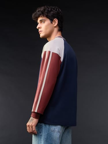 Image of The Souled Store Garfield: Cool Kitty Men and Boys Long Sleeves Round Neck Navy Blue Embroidered Casual Lightweight Drop Shoulder Streetwear Trendy Oversized Full Sleeve T-Shirts