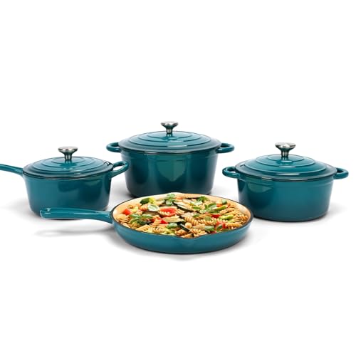 Image of Enameled Cast Iron Cookware Set, 7 Piece Set of Dutch Ovens, 123456789