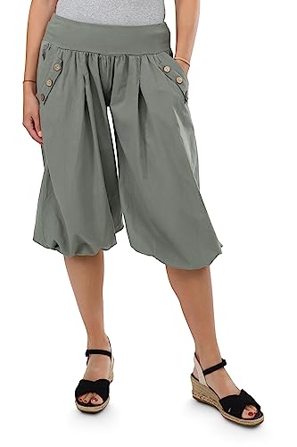 Malito - Damen Caprihose - Kurze OneSize Pumphose für Strand & Alltag - leichte Sommerhose für Frauen mit elastischem Bund - Low Waist Aladinhose 23286H (Größe: 34-40 Oliv)