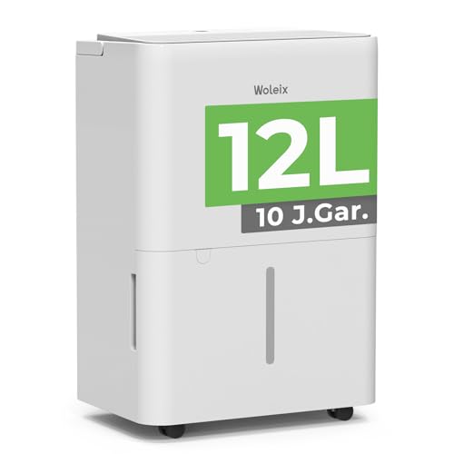 Woleix Luftentfeuchter elektrisch 12L, Entfeuchter elektrisch für Keller, Raumentfeuchter elektrisch 35dB für Räume bis zu 122m³/25m², mit Filter und 1M Ablaufschlauch, Timer, 10 J. Gar.