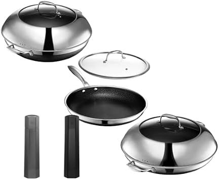 HexClad Hybrid Nonstick 8-Piece Cookware Set, 12" Pan with Lid, 14" Pan with Lid, 14" Wok with Lid, and Salt and Pepper Grinder Set