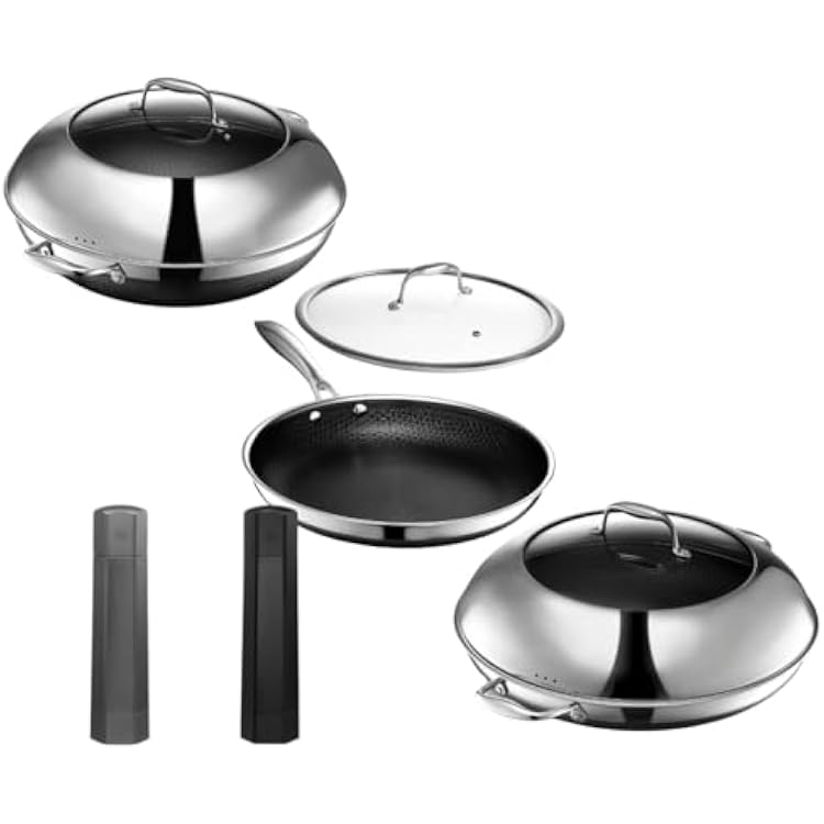 HexClad Hybrid Nonstick 8-Piece Cookware Set, 12 Pan with Lid, 14 Pan with Lid, 14 Wok with Lid, and Salt and Pepper Grinder Set