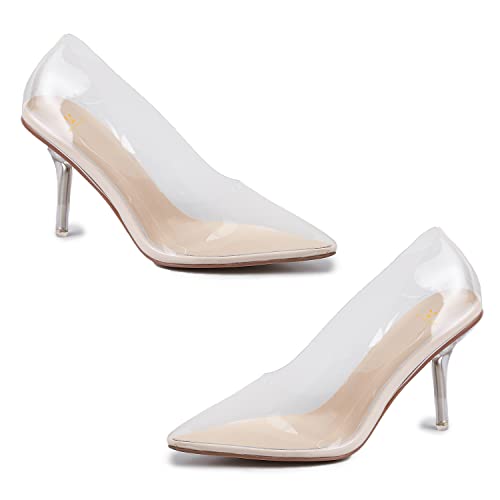 MOOMMO Women Clear Stiletto Pumps Closed Pointed Toe Slip On Transparent Stiletto High Heels 3 Inch Sexy PVC Dress Heels Shoes Sandals Comfort Stylish Party Wedding Summer 4-9 M US