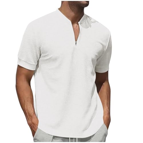 Mens Zipper Henley Shirts Comfy Short Sleeve Breathable Golf Tshirt Loose Fit Band Collar Stretch Soft Performance Tees