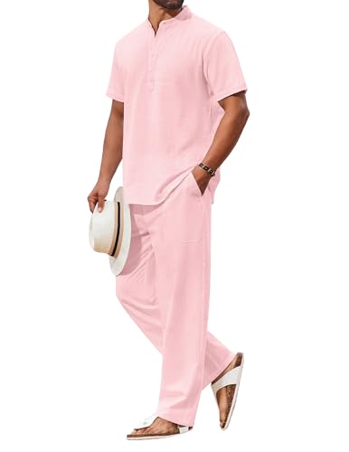 COOFANDY Men's 2 Piece Cotton Sets Casual Short Sleeve Henley Shirts and Beach Pants with Pockets Summer Vacation Outfits