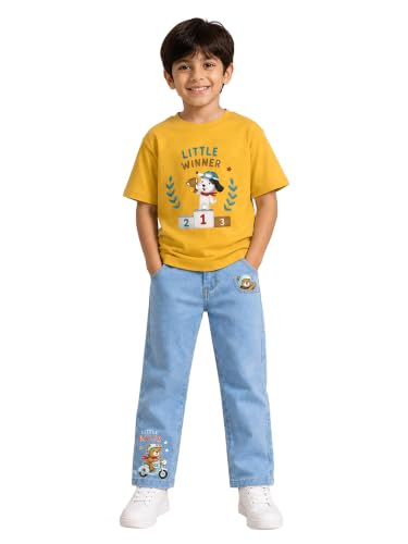 Image of KiddoPanti Boys Printed Co-Ords Set | 100% Cotton & Cottnon Spandex Woven | Drop Shoulder Tshirt with Jeans | Graphic Printed Design| Outerwear For Kids