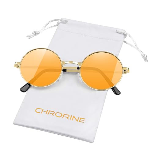 CHRORINE CHORINE Hippie Sonnenbrille Rund Retro Stil der 70er Jahre für Damen und Herren Party Accessoire Festival Mode Vintage Sonnenbrille (Goldenes Gestell Orange Gläser)