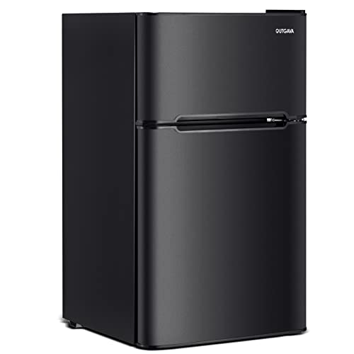 OUTGAVA Double Door Mini Fridge with Freezer 3.2 Cu. Ft Mini Refrigerator, Compact Refrigerator Mini Freezer Cooler with Adjustable Thermostat and Reversible Door for Dorm,Office,Apartment,Black