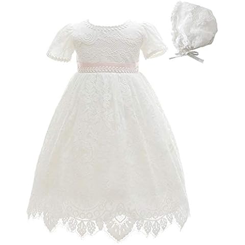 Meiqiduo Baby Girls Lace Dress Christening Baptism Gowns Outfit with Bonnet - Ivory - 3-6 Months Cover