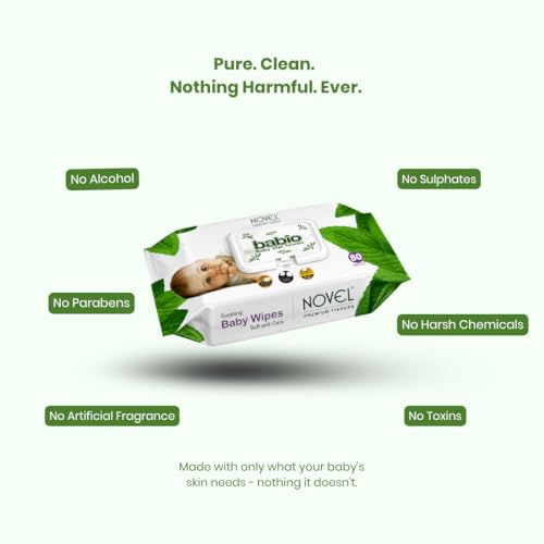 Image of Novel Baby Wet Wipes 80 Wipes x Pack of 3 (240 Wipes) | Aloe Vera, Chamomile, Vitamin E Enriched | pH Balanced, Alcohol, Hypoallergenic & Paraben-Free | Soft Gentle Baby Wipes with Lid